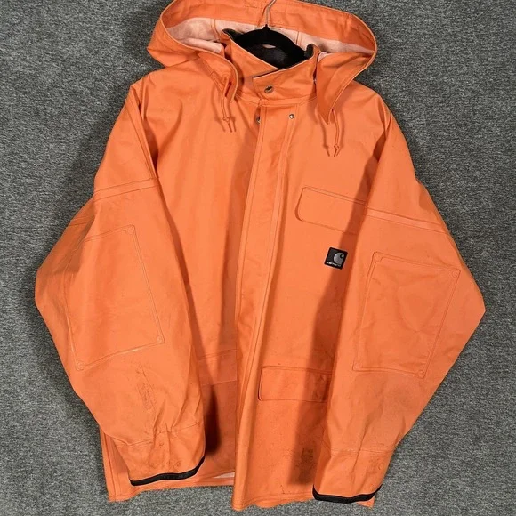 Carhartt Rain Coat Mens Large Orange Hooded PVC Waterproof Workwear C64ORG - Picture 1 of 10